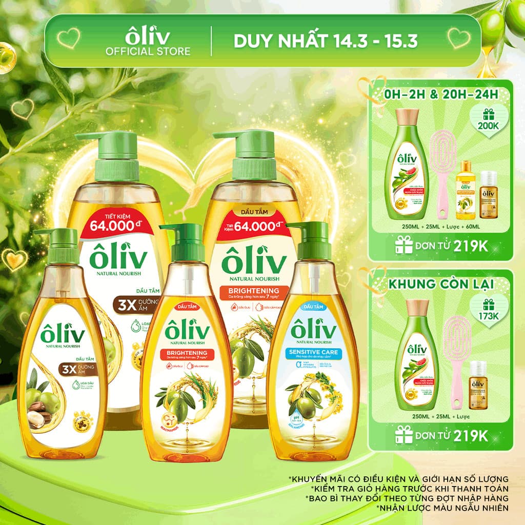 Dầu Tắm ÔLIV 3X Dưỡng Ẩm/Dưỡng Sáng Da/Dành Cho Làn Da Nhạy Cảm 250ML/650ML/1L