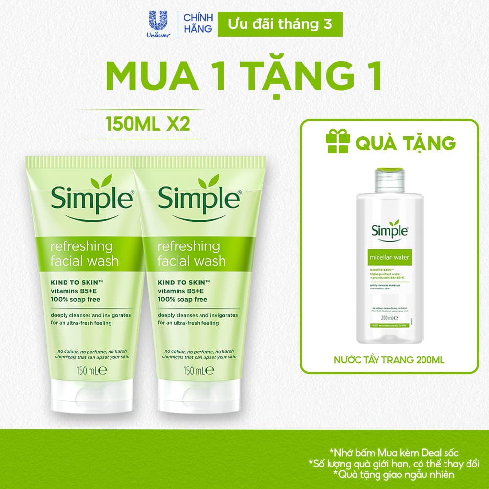 Combo 2 Sữa Rửa Mặt Simple lành tính và hiệu quả cho mọi loại da 150ml